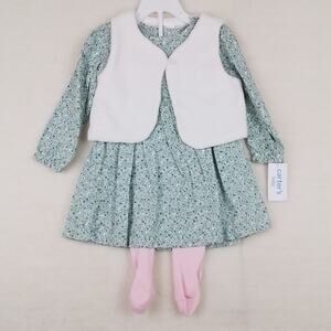 Carters Baby Set 24mo Green Pink‎ Dress Leggings Layette Cotton Floral Print